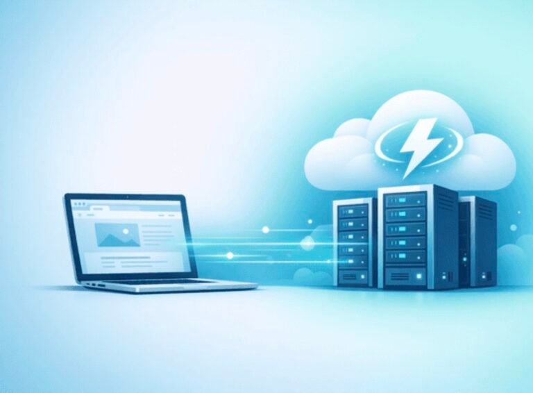 Hostinger Review: Illustration of fast web hosting with cloud servers and a website dashboard