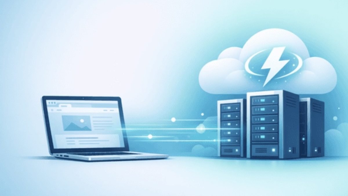 Hostinger Review: Illustration of fast web hosting with cloud servers and a website dashboard